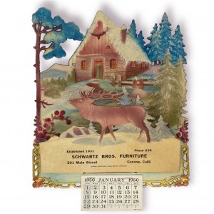 Vintage 1950 Die-Cut 3D Advertising Calendar, Schwartz Bros Furniture, Corona CA