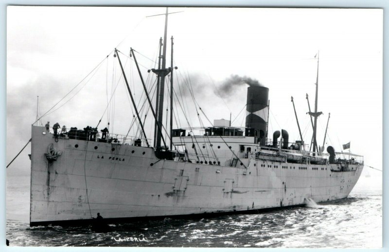 c1940s SS La Perla Cargo Steamship Real Photo RPPC WWII Navy Used USS Cygnus A9