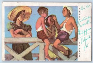 Japan Postcard Two Boys Sitting in Fence with Woman Japanese Art 1945