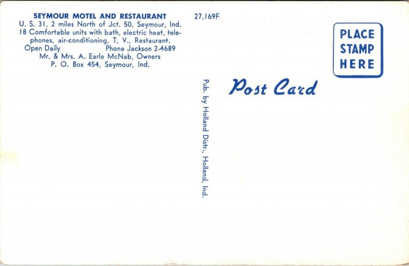 Postcard Seymour Motel and Restaurant on U.S. 31 in Seymour, Indiana