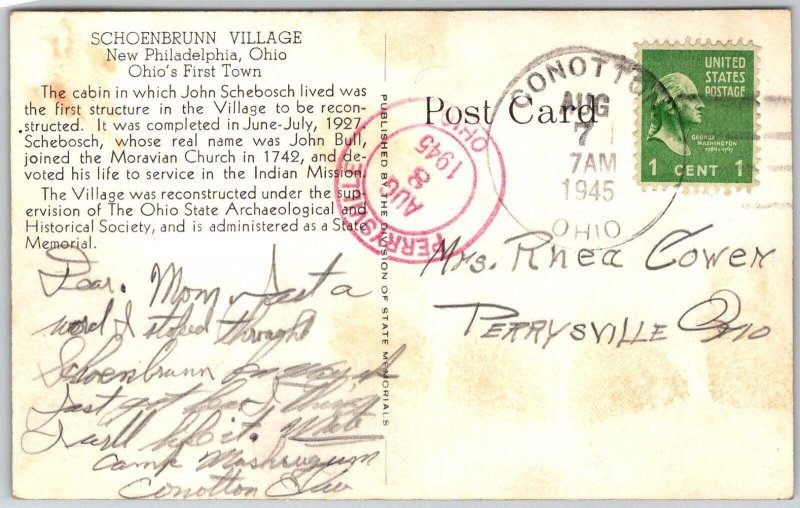 New Philadelphia Ohio 1945 RPPC Real Photo Postcard Schoenbrunn Village Cabin