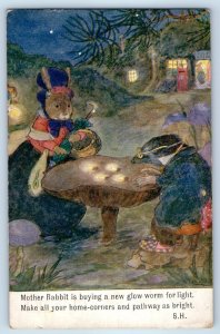 c1910's Fantasy Mushroom Mother Rabbit Buying A New Glow Worm Antique Postcard