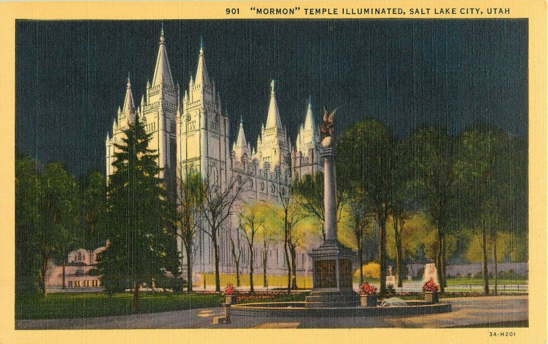 Postcard Mormon Temple Illuminated, Salt Lake City, UT