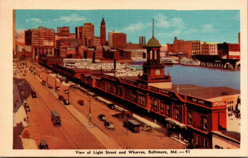 Vtg 1930s View of Light Street and Wharves Baltimore Maryland MD Linen Postcard
