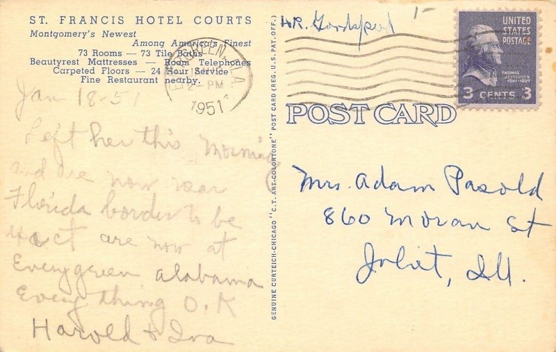 Montgomery Alabama~St Francis Hotel Courts~Roadside Motel~1951 Linen Postcard