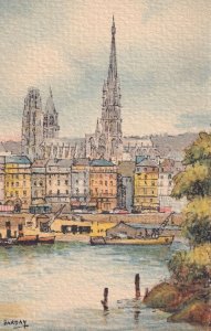 Rouen Le Quai De Paris Cathedrale Antique Linen French Painting Postcard