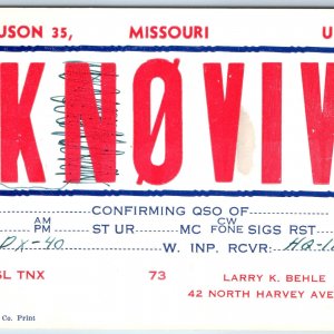 c1960s Ferguson, MO Amateur Ham Radio QSL Card Postcard Larry K Behle Vtg A209