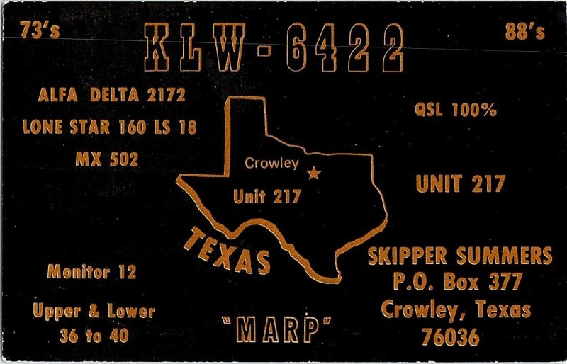 QSL Radio Card From Crowley Texas KLW-6422 