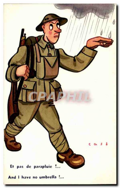 Old Postcard Illustrator Cass And no umbrella (militaria soldier)