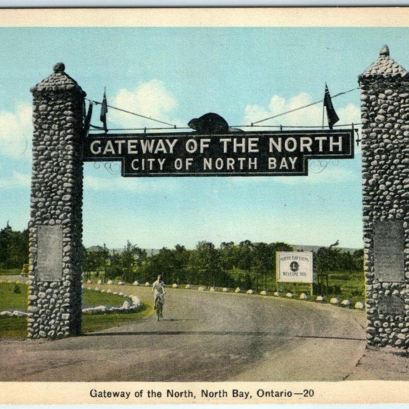 c1930s North Bay, Ontario Entrance Gateway Gate Postcard Lions Photogelatine A2