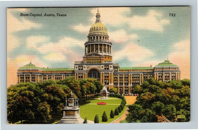 Austin TX-TEXAS, Scenic Street View of State Capitol, Monuments, Linen Postcard