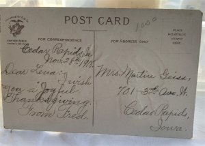 boy w wheelbarrel Chapsaddle Thanksgiving joy postcard app07