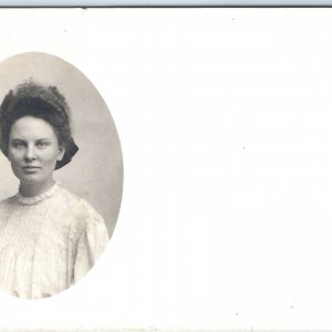 c1910s Young Lady Girl Woman RPPC Frizzy Pompadour Hair Oval Real Photo PC A185