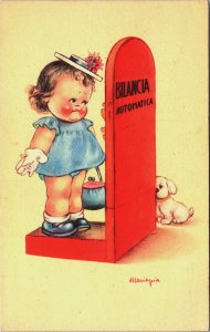 Girl Watching The Mirror With Puppy Vintage Postcard C194