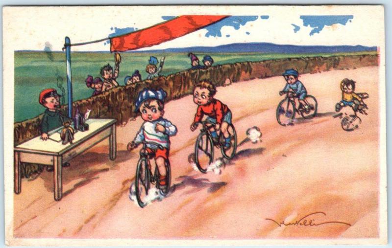 Signed Artist  CASTELLI  ~  BICYCLE RACE  Children Comic   Postcard