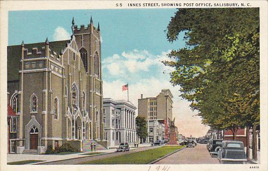 North Carolina Salisbury Innes Street Showing Post Office Curteich