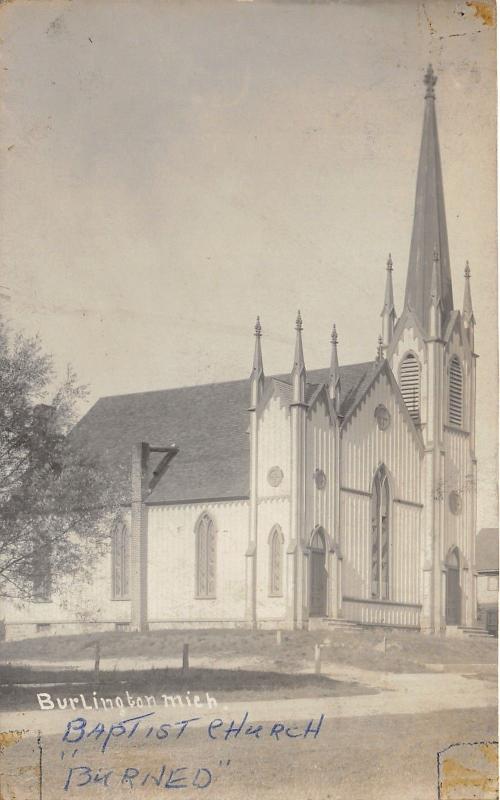 Burlington Michigan~Baptist Church~Burned~Unpaved Street~c1910 RPPC Postcard