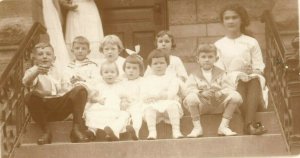 c1910 Boys Girls Children Sitting on House Stairs Antique RPPC Photo Postcard 