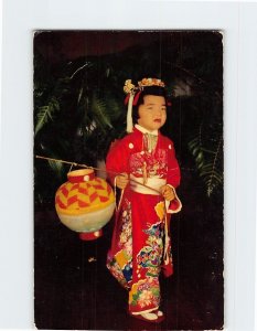 Postcard An Island Maid in Kimona with Lantern Hawaii USA