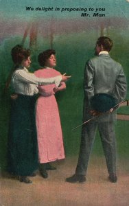 Vintage Postcard 1910's Two Young Ladies Proposing The The Man Romance