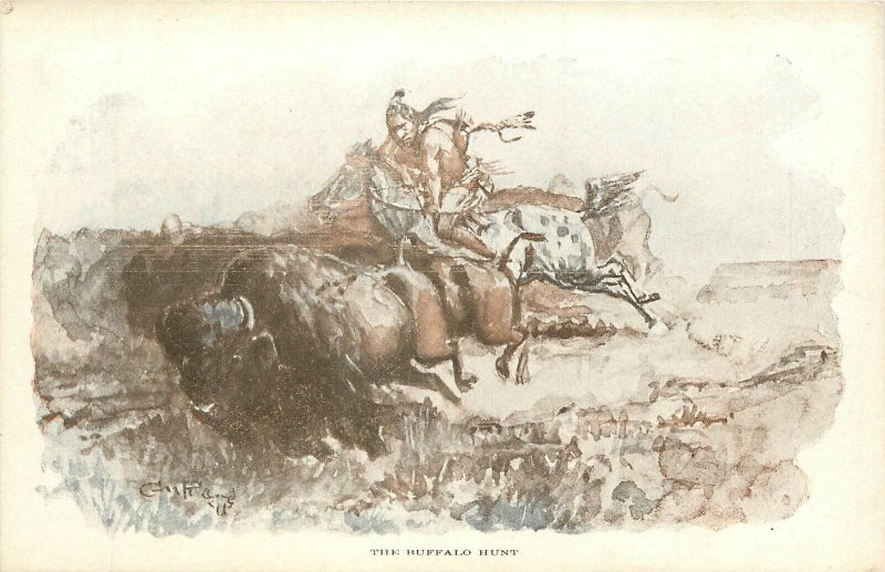Postcard Montana Great Falls Russell Buffalo Hunters Cowboy Western 23-7927