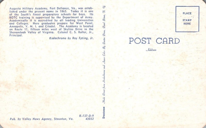 Vintage Postcard Augusta Military Academy Fort Defiance Virginia VA Valley News