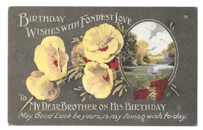 Vintage Birthday Wishes With Fondest Love, To My Brother Card, Early 20th c