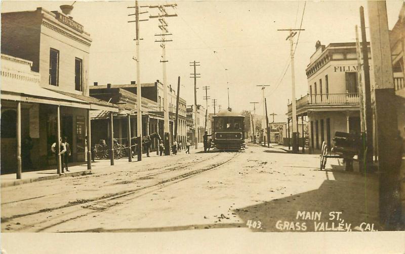 RPPC Postcard Main Street Grass Valley CA Nevada County Trolley Horse-Drawn 403