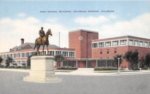 Colorado Springs Colorado 1940s Postcard High School Building Statue