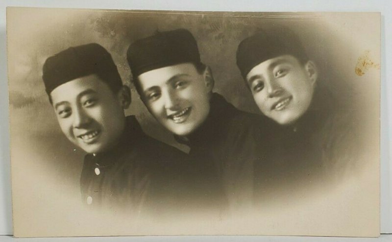 Real Photo Trio of Asian Young Men with Great Smiles c1900s Postcard P11