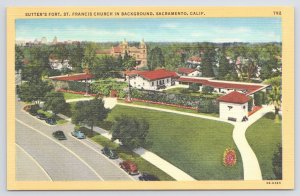 Linen~Air View Sutters Fort St Francis Church Sacramento CA~Vintage Postcard