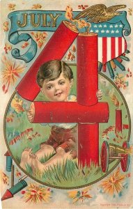 Patriotic, 4th of July, Fireworks, Boy, Eagle Flag, Embossed