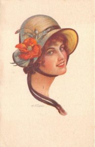 RPPC BEAUTIFUL WOMAN HAT ITALY H. FISHER ARTIST SIGNED POSTCARD (1918) !