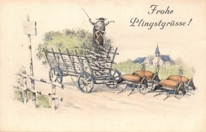 Pentecost Greetings Anthropomorphic Humanized Maybug Leads Cart postcard C317