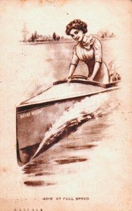 1916 - Woman at Boat - At Full Speed - Vintage Postcard