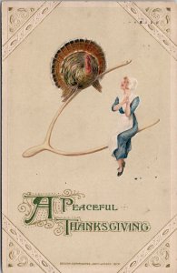 Thanksgiving John Winsch Pilgrim Woman Large Turkey Wishbone Fantasy Postcard X9