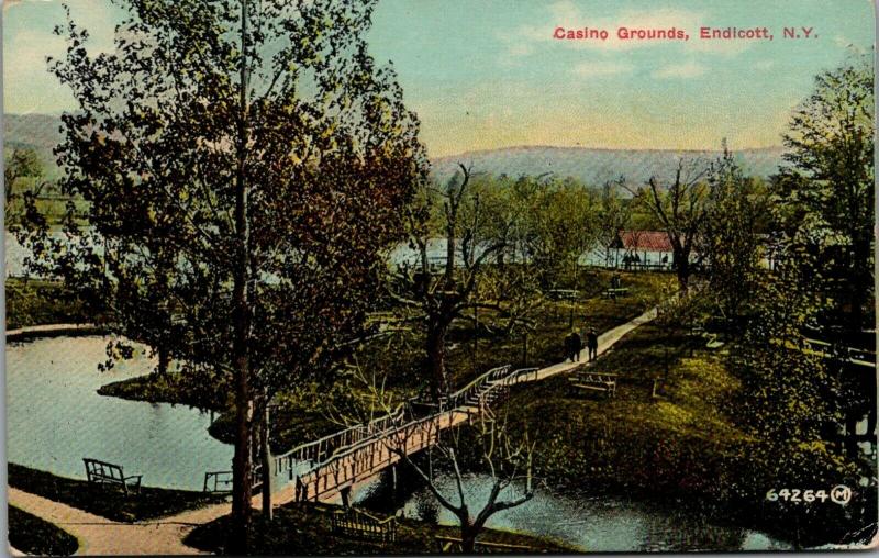 Endicott New York~Birdseye Footbridge~Casino Grounds~Men on Path~c1910 Postcard