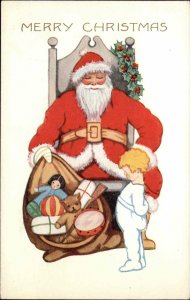 Santa Claus Shows Little Boy Sack of Toys c1910 Postcard