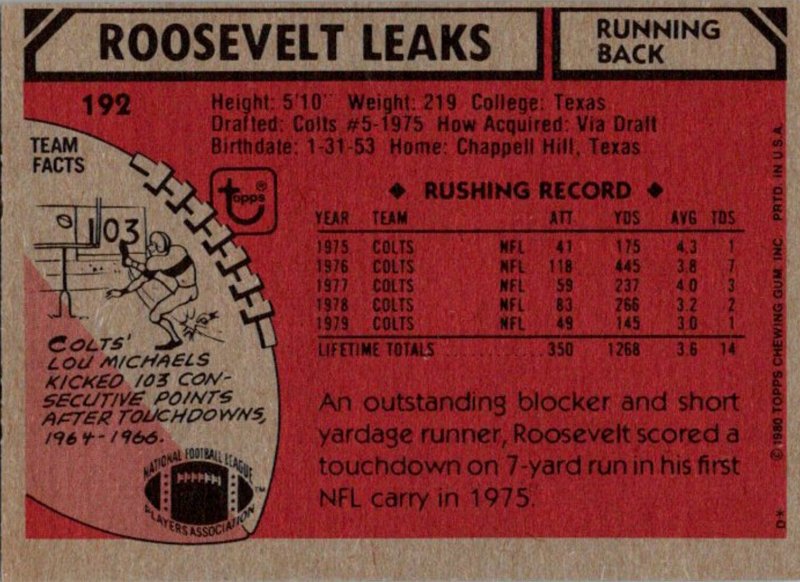 1980 Topps Football Card Roosevelt Leaks RB Baltimore Colts sun0304