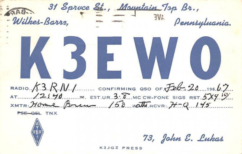 K3EWO Wilkes Barre, PA, USA QSL 1967 