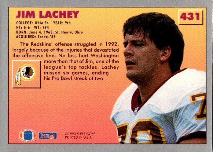 1993 Fleer Football Card Jim Lachey Washington Redskins sk21457