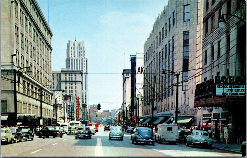 Vtg Akron Ohio OH Main Street View Scene Old Cars Mayflower Hotel 1950s Postcard 