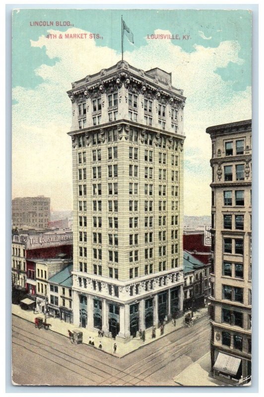 1913 Lincoln Building Horse Carriage Railway US Flag Louisville Kentucky Postcar