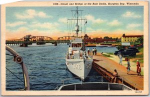 Sturgeon Bay Wisconsin WI, Canal and Bridge at the Boat Docks, Vintage Postcard