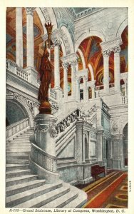 Vintage Postcard 1920's Grand Staircase Library Of Congress Washington DC