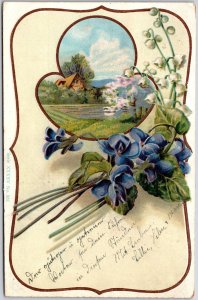 1907 Flower Bouquet Lanscapes Violets Greetings Wishes Card Posted Postcard