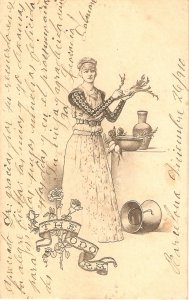 Lady. Handling  medical herbs. The Odora Old vintage antique French postcard