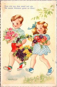 Boy Girl, Willy Schermele With Flowers Vintage Postcard C187