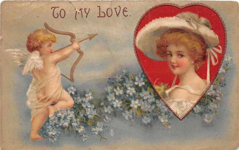 D39/ Valentine's Day Love Holiday Postcard 1908 Woman Hat Cupid To My Love 19