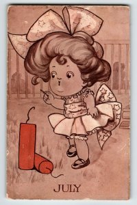 July Girl Child Postcard 4th Of July Firecrackers Artist Dodsworth AH Co Vintage